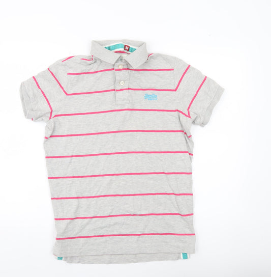 Superdry Men’s Grey Striped Polo Shirt M Short Sleeve Cotton Blend
