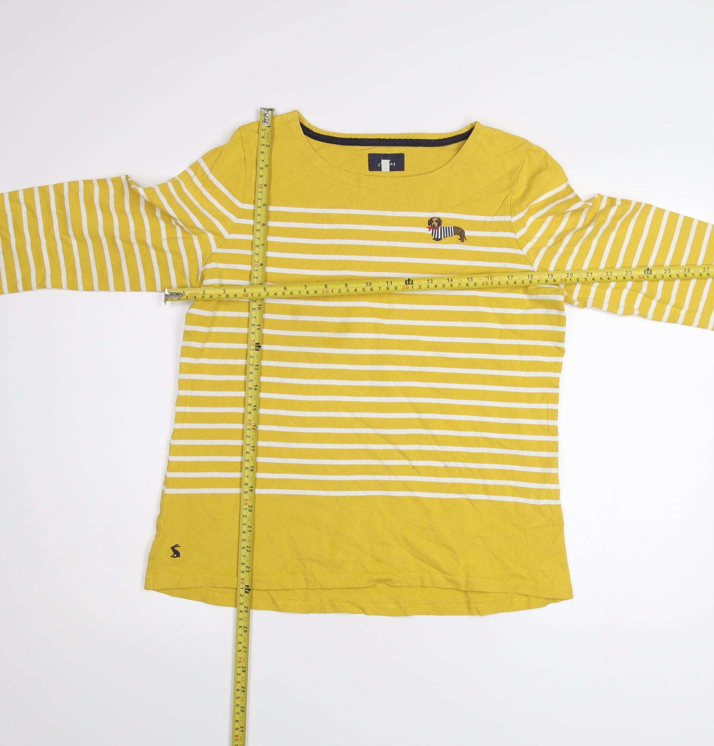 Joules Women Yellow Striped Dog Embroidered Cotton T-Shirt UK 14