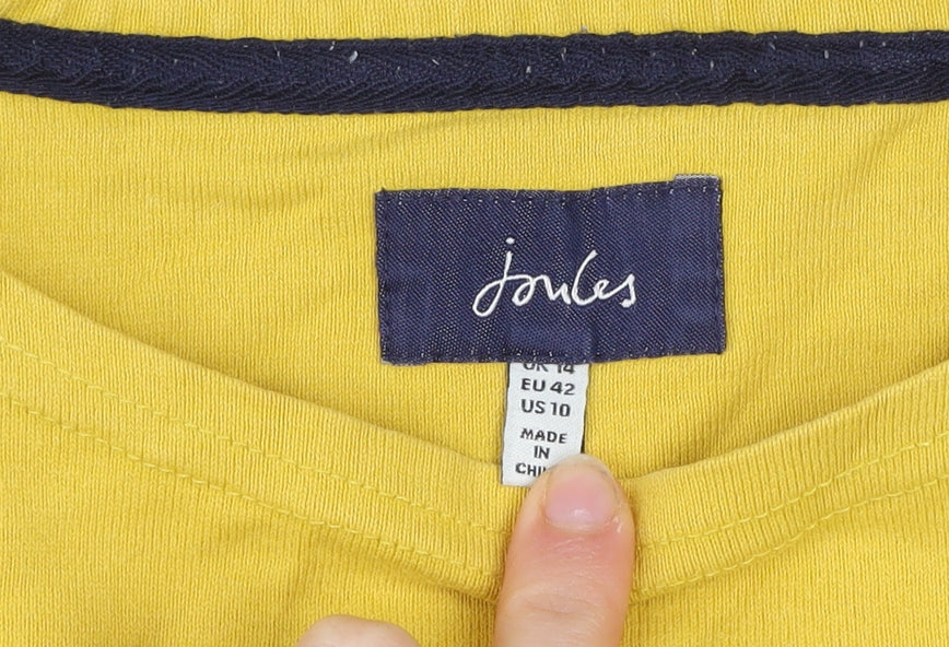Joules Women Yellow Striped Dog Embroidered Cotton T-Shirt UK 14