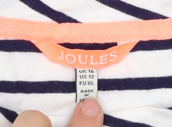 Joules Women White Navy Striped Cotton T-Shirt UK 16 Casual
