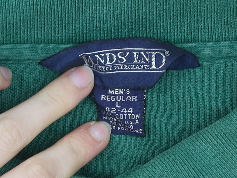 Lands' End Men's Green Cotton Long Sleeve Polo Shirt L Regular Fit