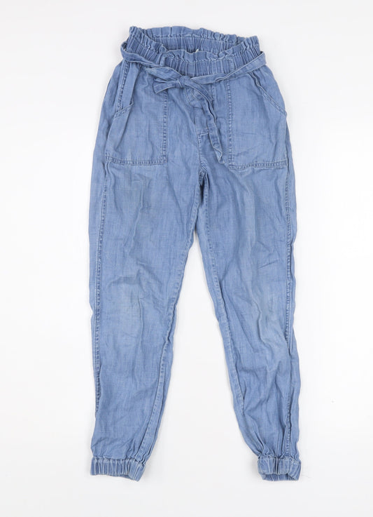 Boden Girls Blue Cotton Paperbag Tie Waist Trousers Size 10Y