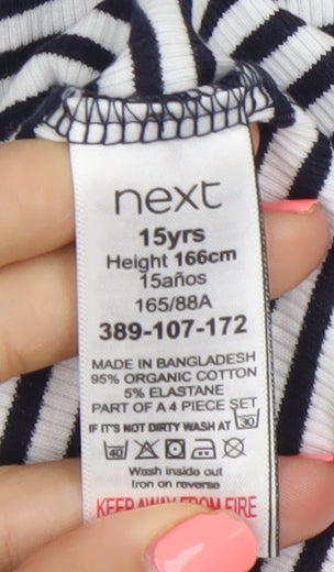 Brand and care label for Next girls’ black white striped t-shirt 15 years crew neck short sleeve