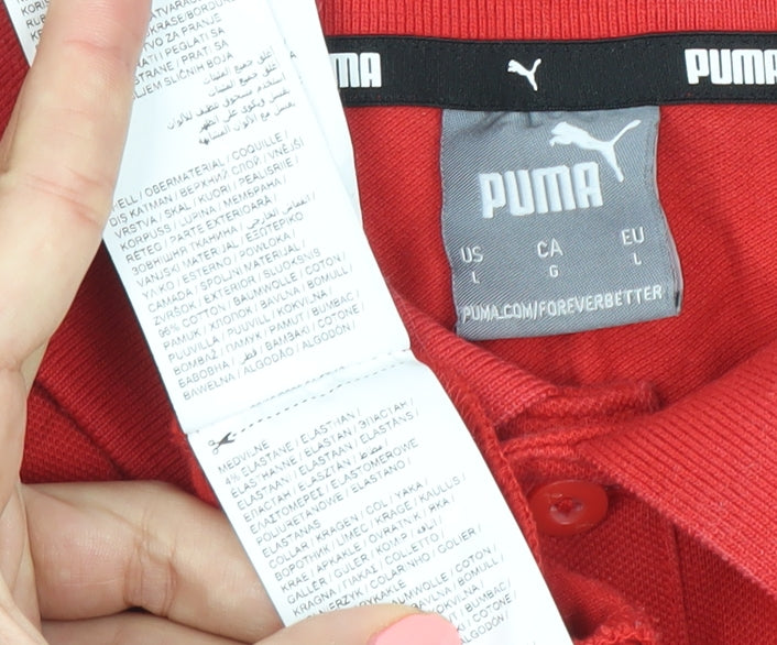 Brand and care label for Puma Men’s Red Polo Shirt L Personal Trainer Logo Cotton Blend