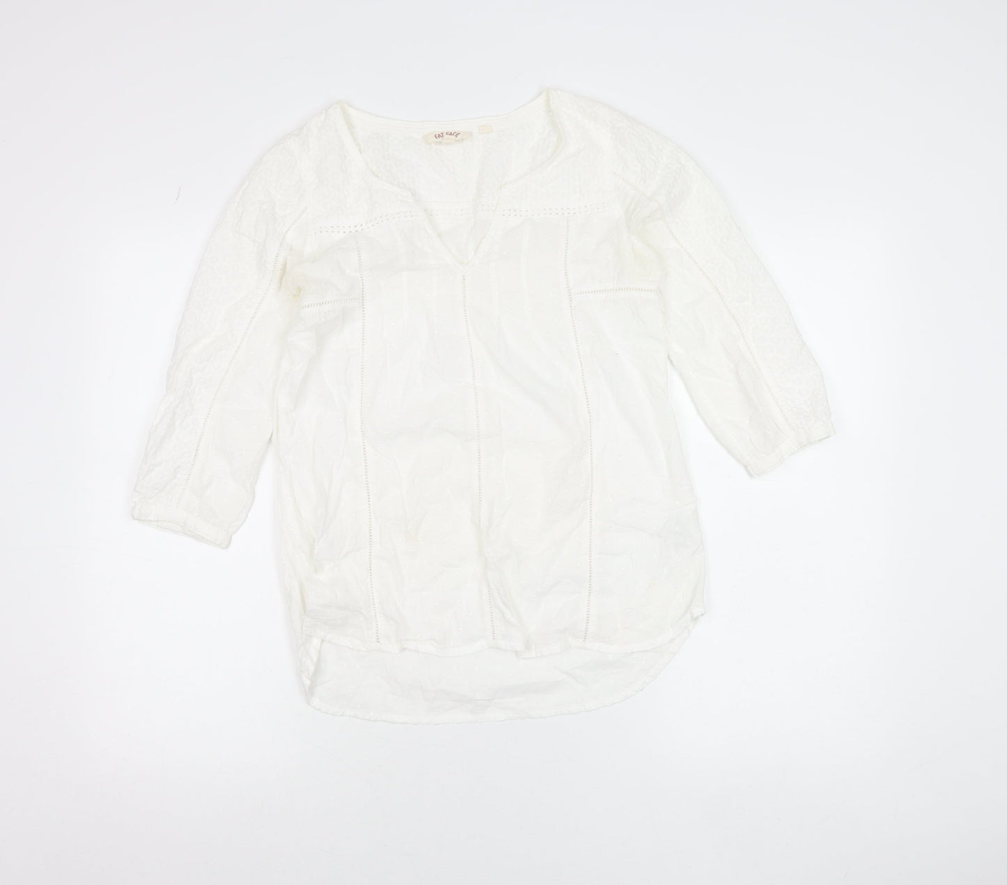 Fat Face Women’s White Cotton Tunic Blouse UK 6 V-Neck 3/4 Sleeve