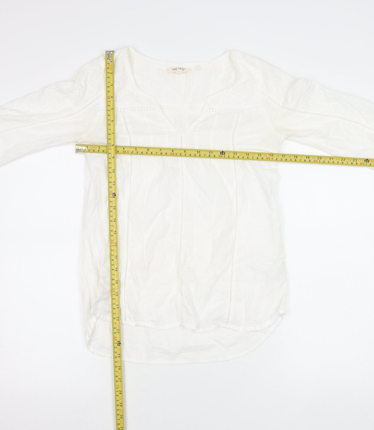 Fat Face Women’s White Cotton Tunic Blouse UK 6 V-Neck 3/4 Sleeve
