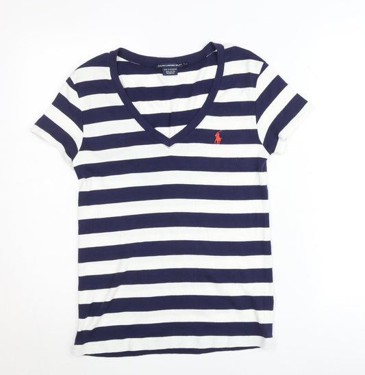 Ralph Lauren Womens Blue White Striped Cotton V-Neck T-Shirt L