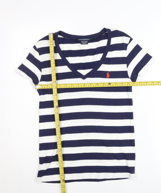 Ralph Lauren Womens Blue White Striped Cotton V-Neck T-Shirt L