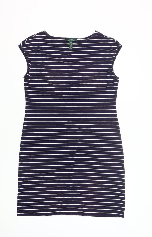 Ralph Lauren Womens Blue Striped Shift Dress M Stretch Casual