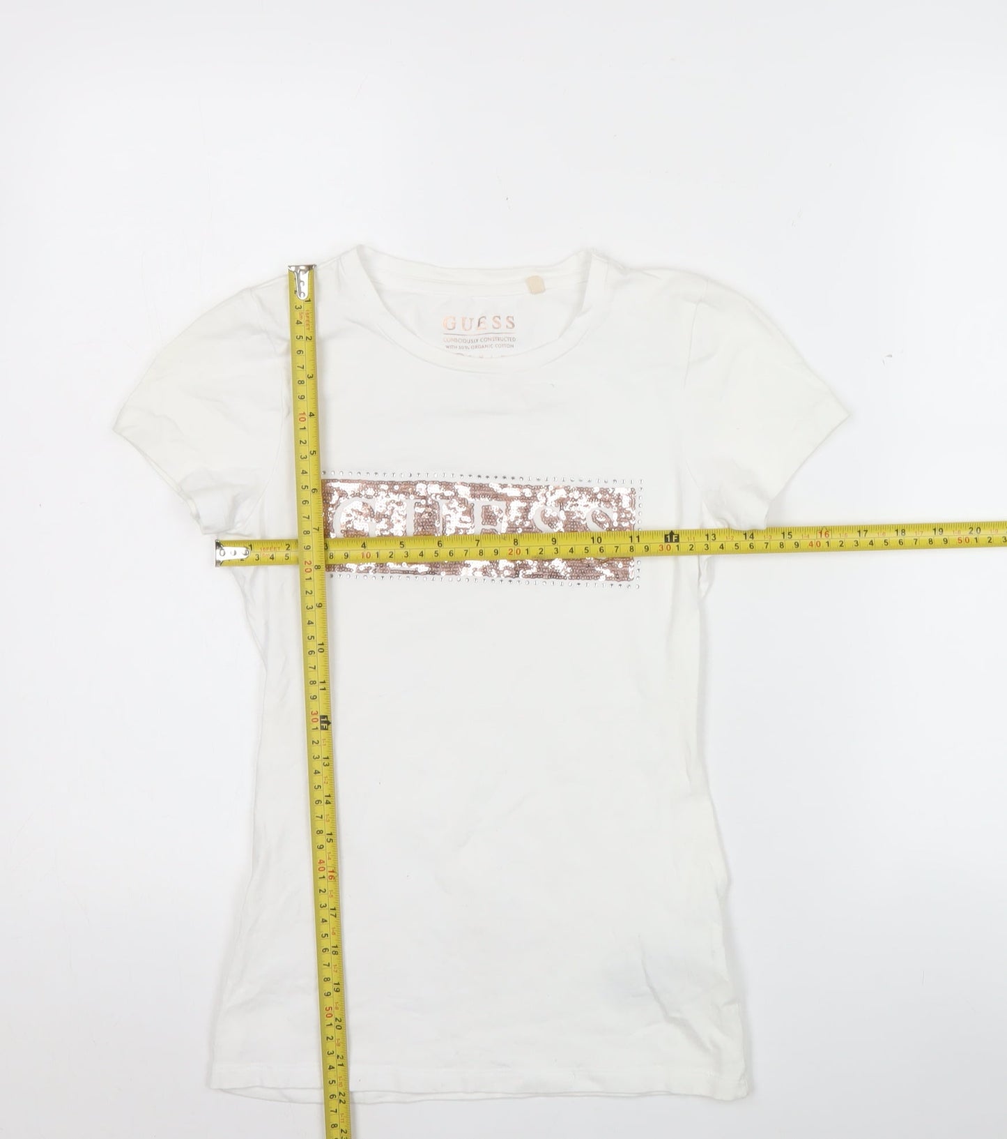 Guess Womens White XS Slim Fit Sequin Logo T-Shirt