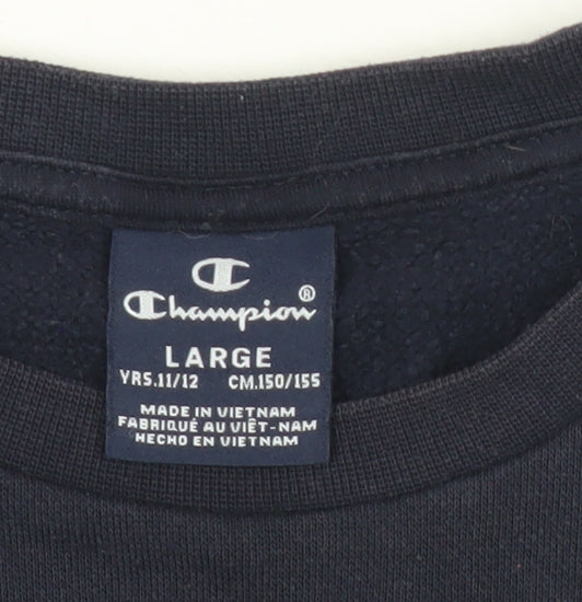Brand and care label for Champion boys’ black sweatshirt 11-12 years logo pullover crew neck