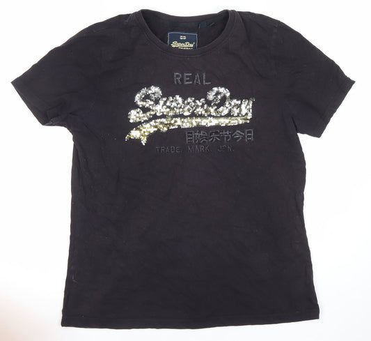 Superdry Womens Black Sequin Logo T-Shirt Size 14 Short Sleeve