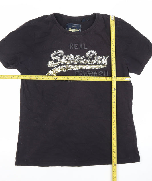 Superdry Womens Black Sequin Logo T-Shirt Size 14 Short Sleeve