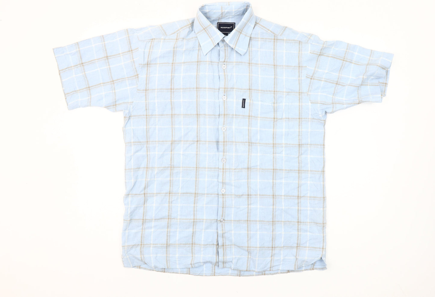 Rockport Men’s Blue Check Short Sleeve Linen Cotton Shirt S