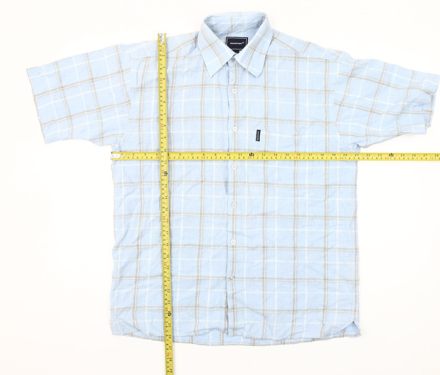 Rockport Men’s Blue Check Short Sleeve Linen Cotton Shirt S