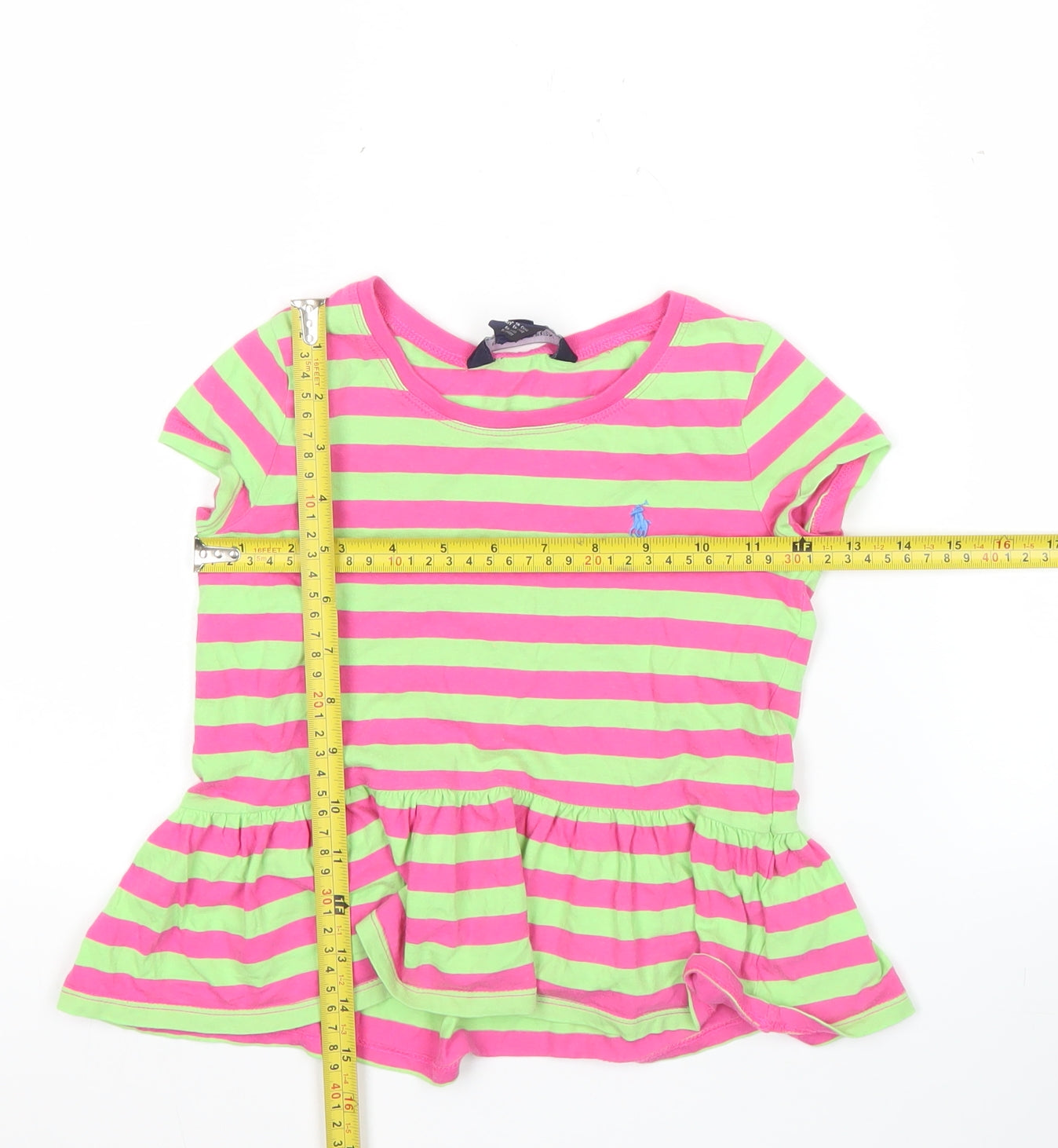 Ralph Lauren Girls Pink Green Striped Tunic T-Shirt 5 Years Cotton