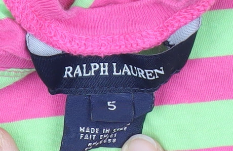 Ralph Lauren Girls Pink Green Striped Tunic T-Shirt 5 Years Cotton