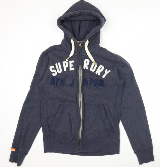 Superdry Men Blue Full Zip Hoodie Medium Logo Sports Fleece