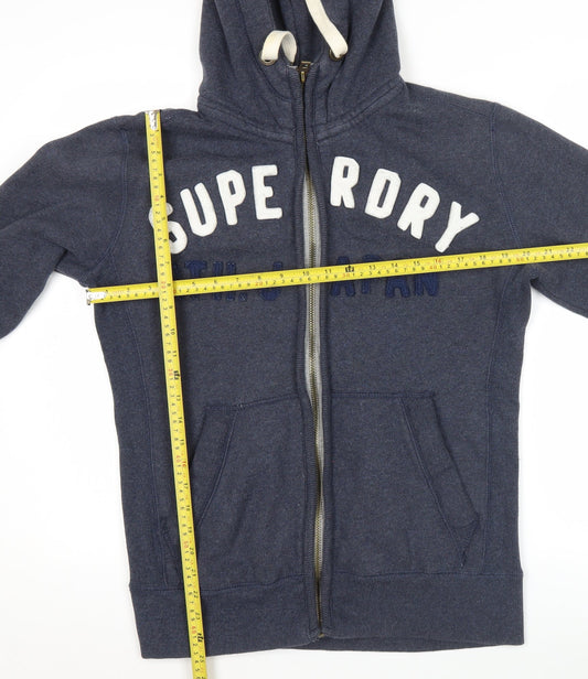Superdry Men Blue Full Zip Hoodie Medium Logo Sports Fleece