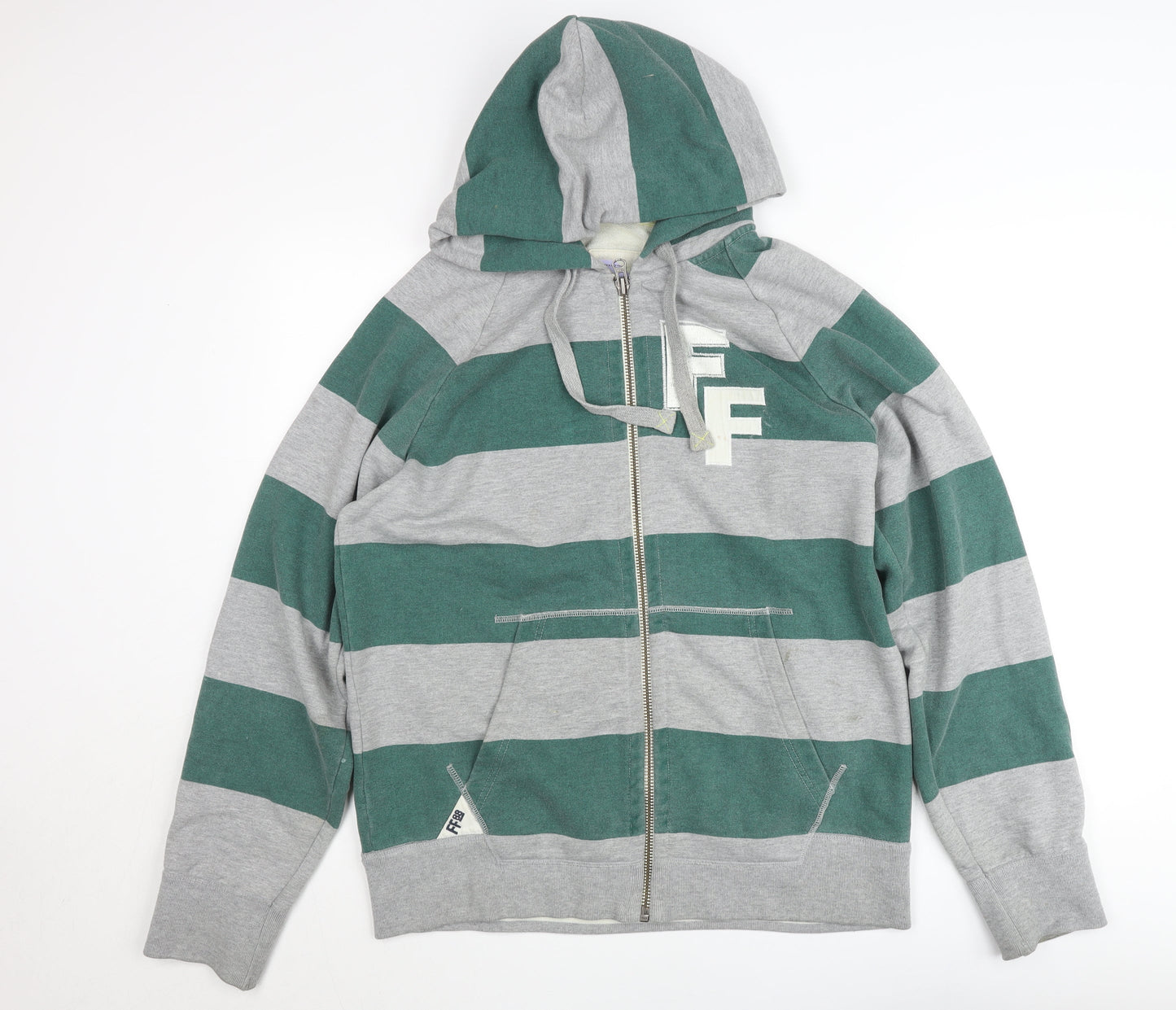 Fat Face Men’s Green Grey Striped Full Zip Hoodie Jumper L