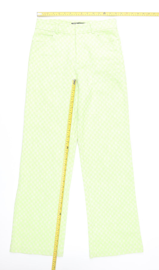 Zara Women Green Check Straight Leg Cotton Blend Trousers Size S
