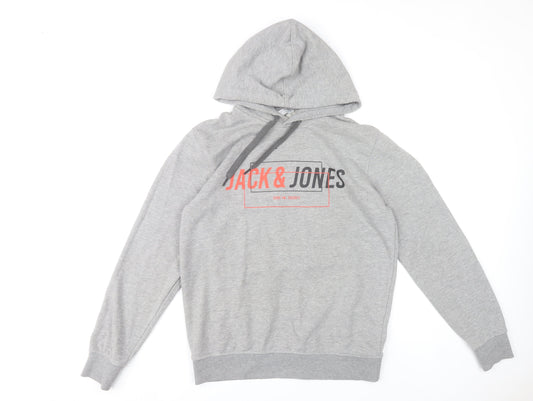 Jack & Jones Mens Grey Pullover Hoodie L Graphic Logo Cotton Blend