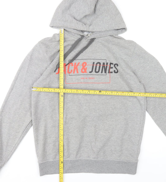 Jack & Jones Mens Grey Pullover Hoodie L Graphic Logo Cotton Blend