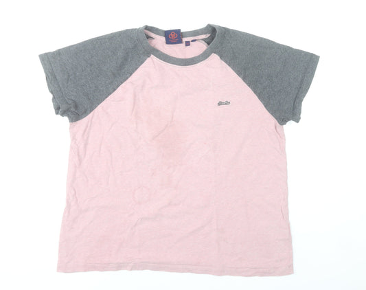 Superdry Womens Pink Grey Raglan Sleeve Cotton T-Shirt UK 14