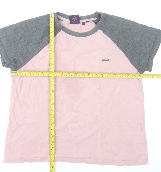 Superdry Womens Pink Grey Raglan Sleeve Cotton T-Shirt UK 14