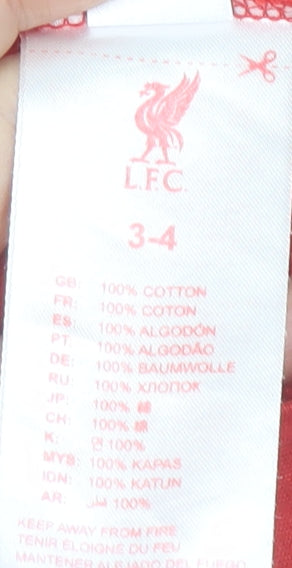 Brand and care label for LFC boys’ red football graphic t-shirt 3-4 years crew neck short sleeve