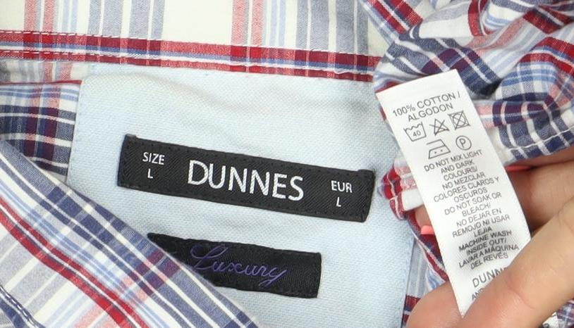 Brand and care label for Dunnes Men's Multicoloured Check Long Sleeve Button-Up Shirt L