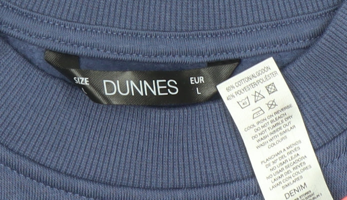 Brand and care label for Dunnes Women Blue Pullover Sweatshirt L East Coast Graphic Cotton Blend