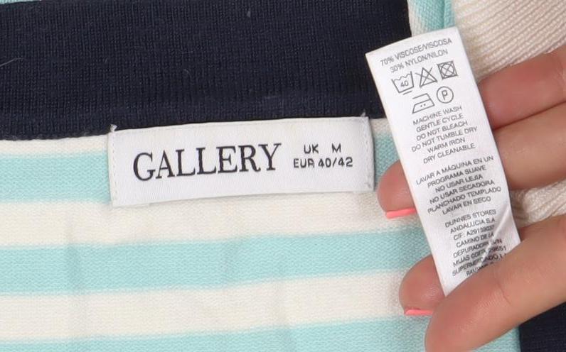 Brand and care label for Gallery women’s multicoloured stripe jumper, size M