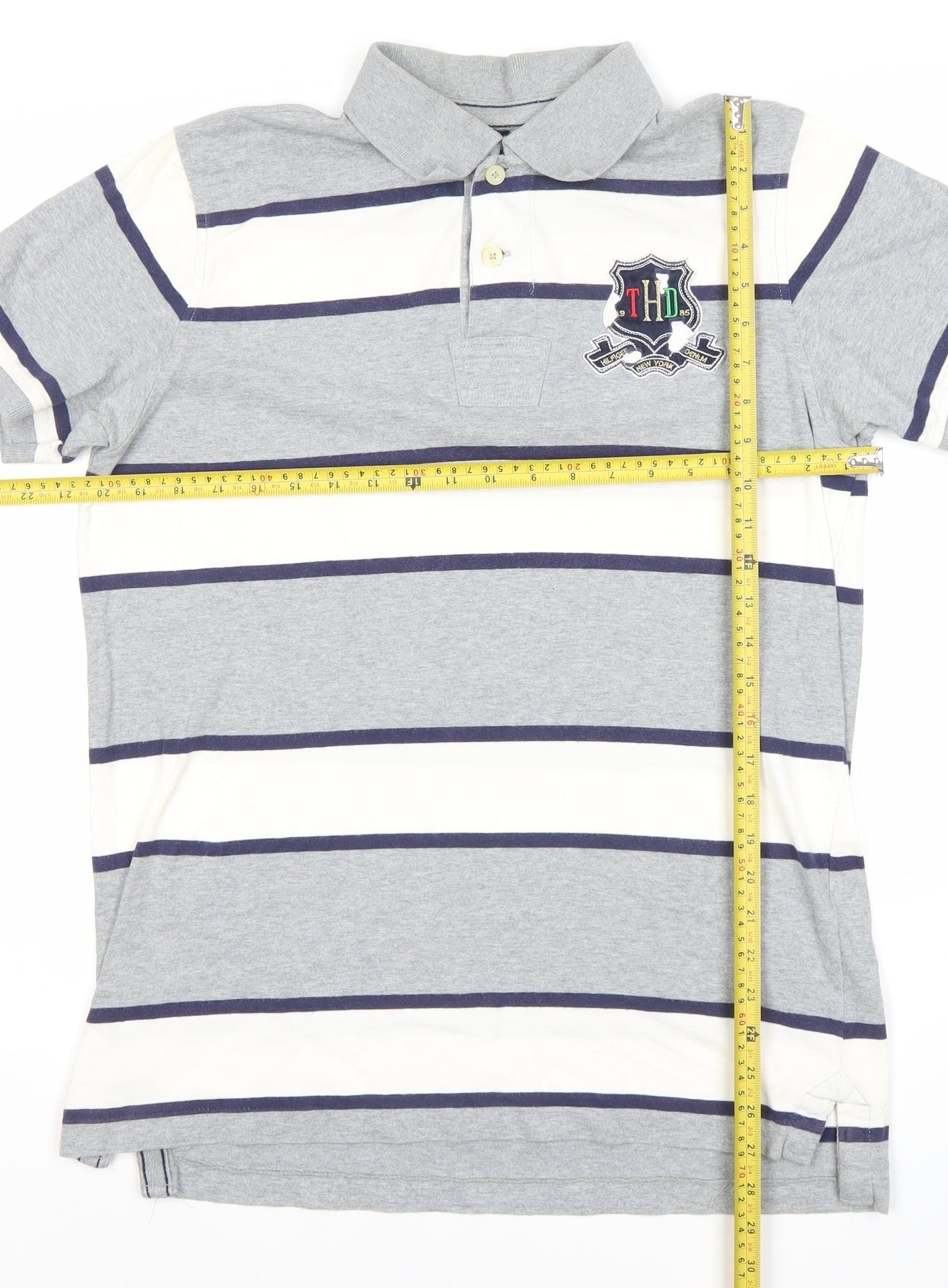 Tommy Hilfiger Men’s Grey Striped Polo Shirt XL Cotton Short Sleeve