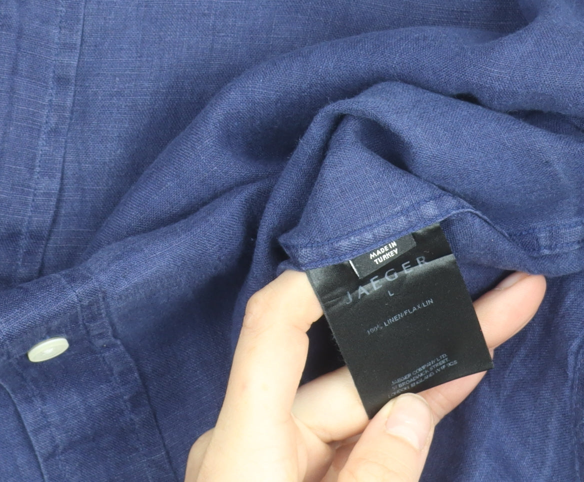 Jaeger Men Blue Linen Button-Up Shirt Size L Casual Long Sleeve
