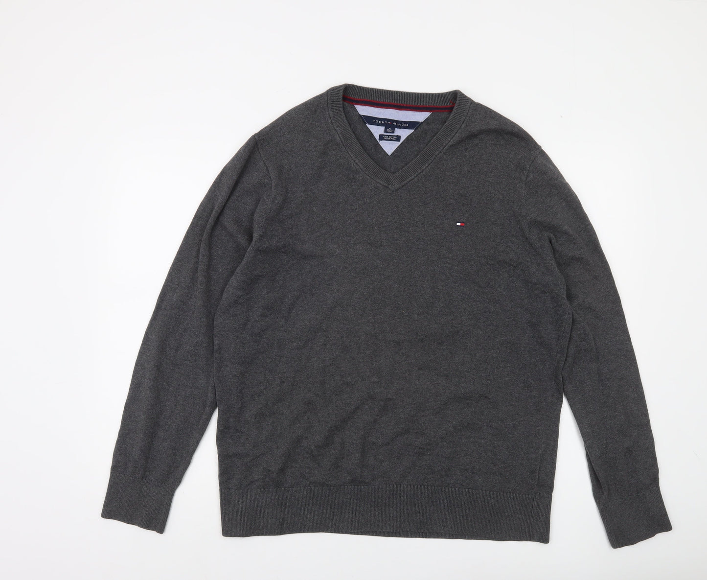 Tommy Hilfiger Mens Grey XL V-Neck Cotton Pullover Jumper