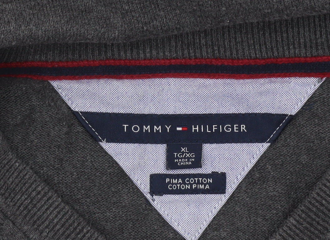 Tommy Hilfiger Mens Grey XL V-Neck Cotton Pullover Jumper