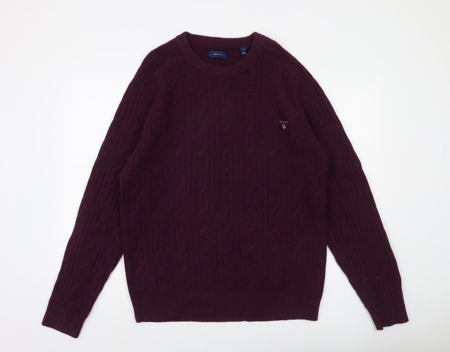 GANT Men’s Purple Lambswool Cable-Knit Jumper XL Crew Neck
