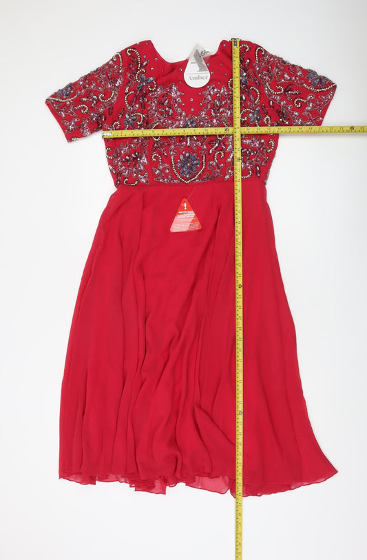 Amber Women's Red Beaded Embellished A-Line Midi Dress M
