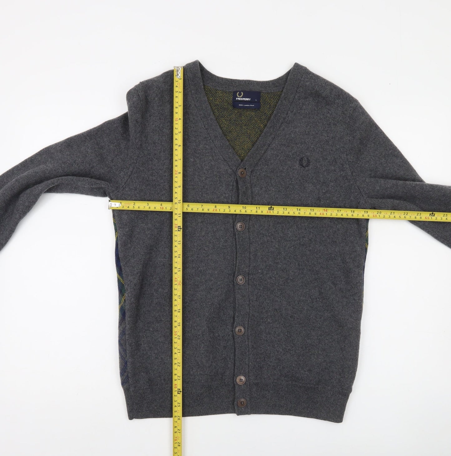 Fred Perry Men's Grey Wool Argyle Cardigan L V-Neck Classic Style