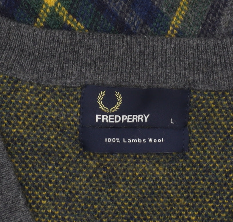 Fred Perry Men's Grey Wool Argyle Cardigan L V-Neck Classic Style