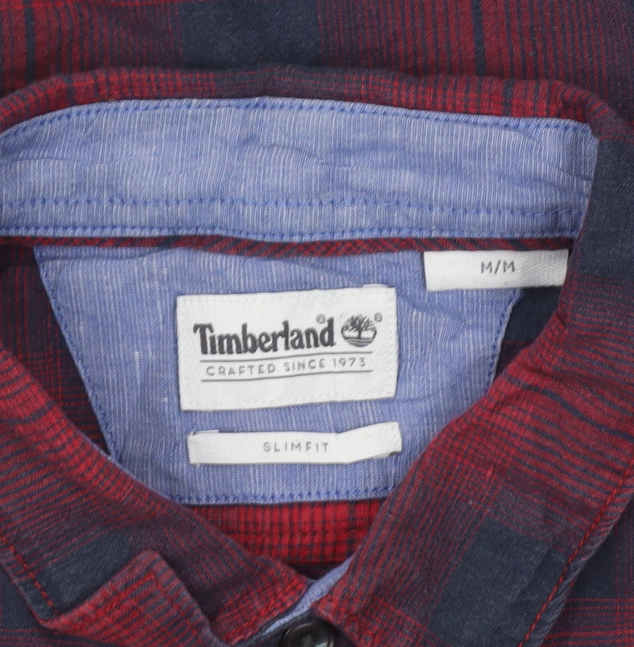 Timberland Men's Red Plaid Slim Fit Button-Up Cotton Shirt M