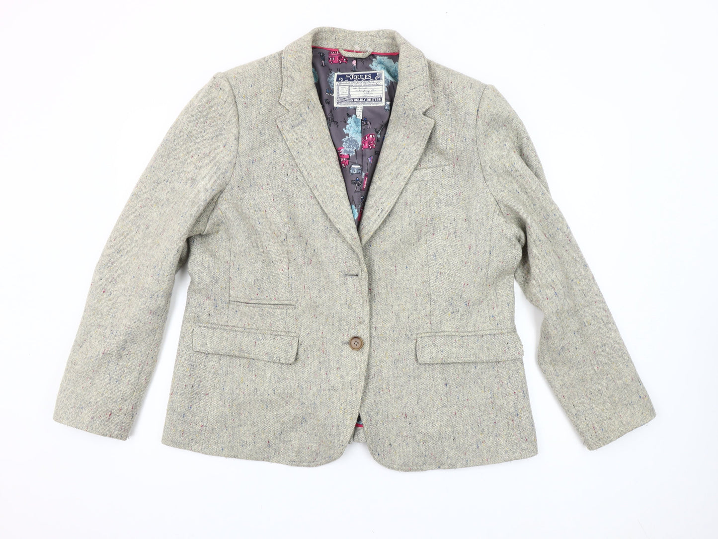 Joules Women's Beige Tweed Wool Blend Single-Breasted Blazer UK 18