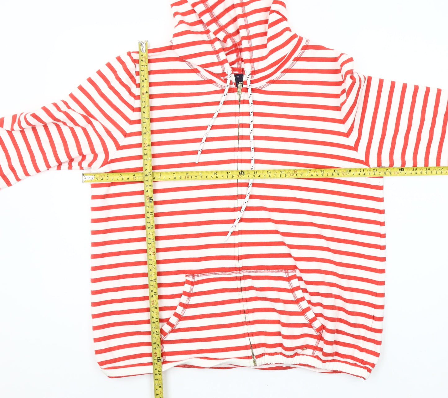 Tommy Hilfiger Women Red White Striped Full Zip Hoodie XL Cotton
