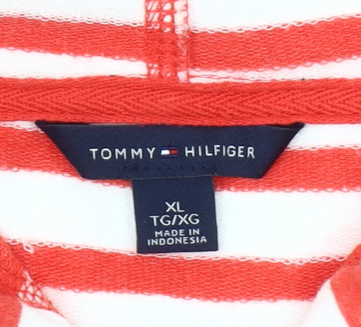 Tommy Hilfiger Women Red White Striped Full Zip Hoodie XL Cotton