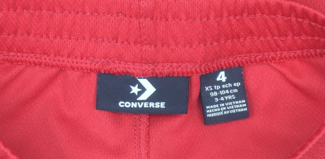 Brand and care label for Converse boys’ red athletic mesh activewear shorts 3-4 years
