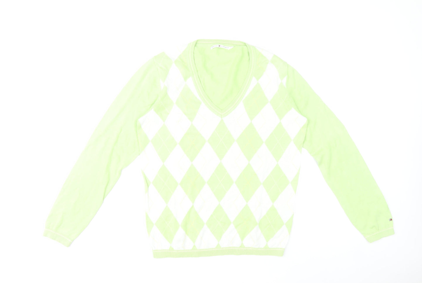 Tommy Hilfiger Women's Green Argyle V-Neck Cotton Jumper L