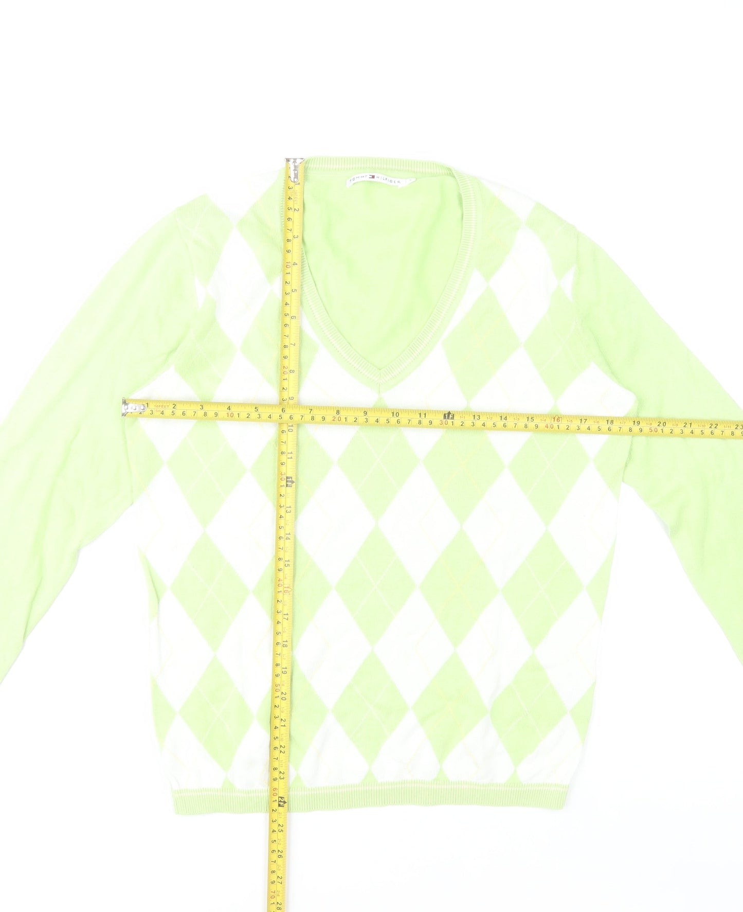 Tommy Hilfiger Women's Green Argyle V-Neck Cotton Jumper L