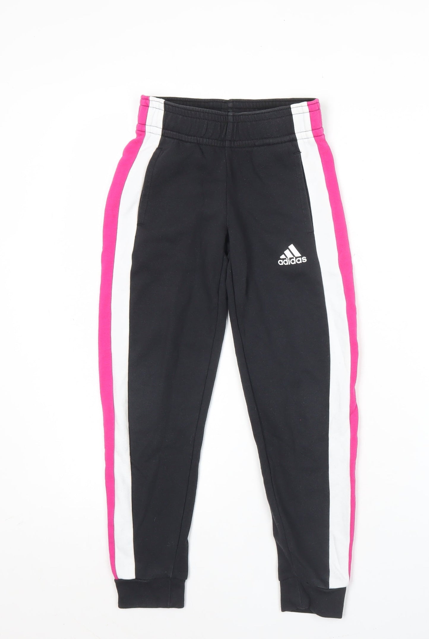 Adidas Girls Black Track Pants 7-8 Years Elastic Waist Cotton Blend