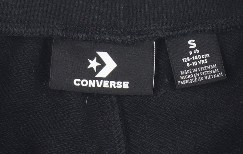 Brand and care label for Converse boys’ black athletic shorts s 8-10 years drawstring cotton blend
